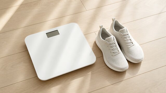 Modern white digital weight scale next to beige sneakers on wooden floor with sunlight copy space, depicting weight loss progress, fitness routine, and healthy lifestyle monitoring.