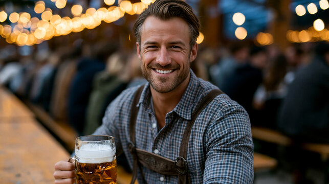 Photorealistic premium commercial lifestyle photograph of a man in traditional Bavarian lederhosen with suspenders and a checked shirt sitting at a long wooden beer tent bench, hol