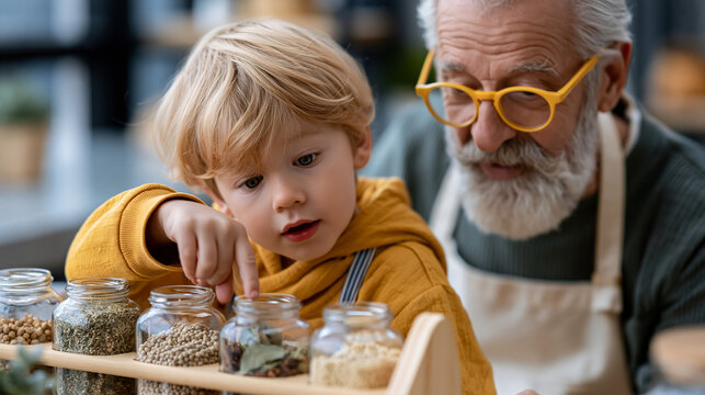 Grandfather and grandson selecting spices from a wooden rack together, culinary teaching moment, family tradition , with copy space