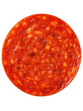 Top view macro shot of single round pepperoni slice isolated on white background, depicting savory pizza topping texture, cured meat slice, and deli sausage detail.