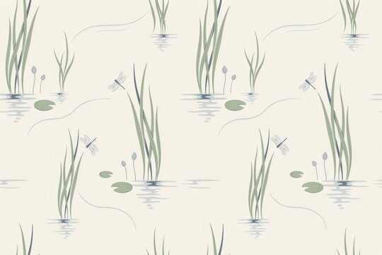 Seamless pattern with hand drawn dragonflies, aquatic reeds, and lily pads on a calm water surface, soft pastel colors, nature