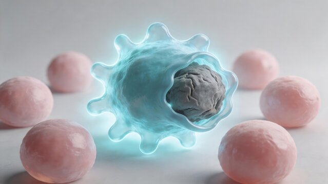 3D Medical Illustration of Macrophage Cell Engulfing Cellular Debris in Skin Tissue
