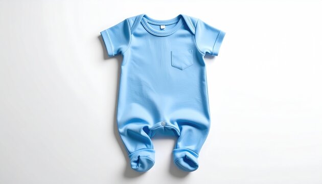 A plain, sky-blue baby romper with a tiny chest pocket, against a stark white background
