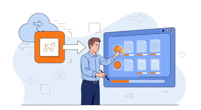 Man Managing Data Flow to Cloud Storage and Digital Dashboard