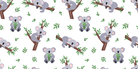 Seamless pattern Cute koala with eucalyptus branches, on a tree in different poses and expressions. Vector illustration, cartoon background, wallpaper. © Elenglush
