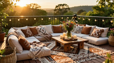 Obraz premium Bohemian outdoor deck features soft cushions, candles on wood table. Cozy patio lounge area with patterned rug at golden sunset light. Comfortable furniture on balcony terrace with string lights in
