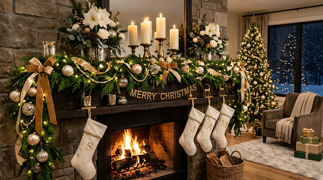 Festive Christmas fireplace with decorated mantel. Cozy holiday scene with glowing fire and seasonal decor