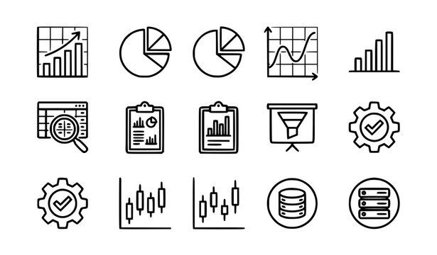 Business analytics line icons set with data reports bar charts pie graph and statistics vector editable stroke