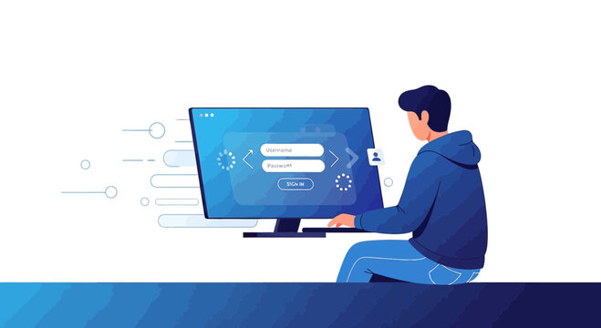 Man logging into computer, digital login screen, futuristic interface