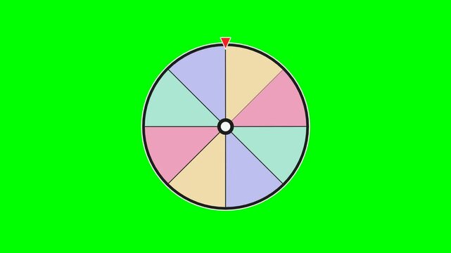 A colorful spinning wheel of fortune with a pointer on a vibrant green background, representing chance and decision-making.
