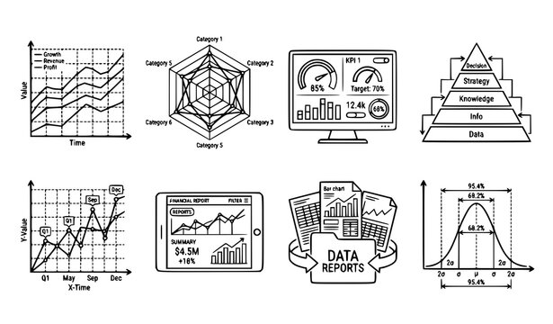 Business intelligence dashboard linear icon collection with kpi statistics reporting charts and data graphs vector