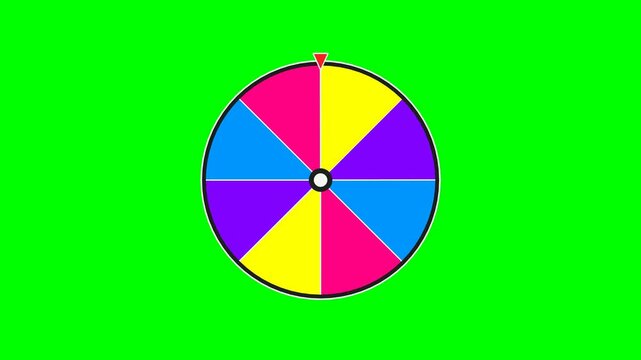 Colorful spinning wheel of fortune with segments on a green screen background.