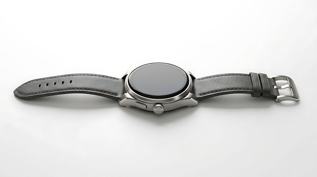 Modern silver smart watch with a grey leather strap lying flat for a clean professional look. apple watch mockup