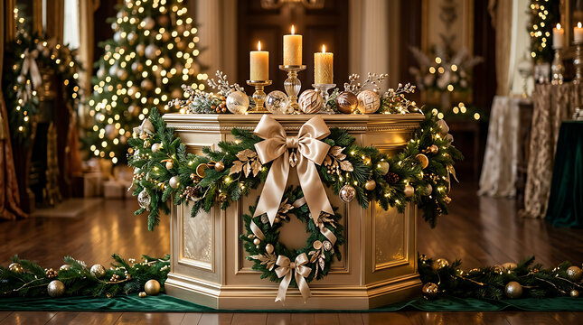 Elegant Christmas table centerpiece with candles and greenery. Festive holiday decor for celebration and warmth.