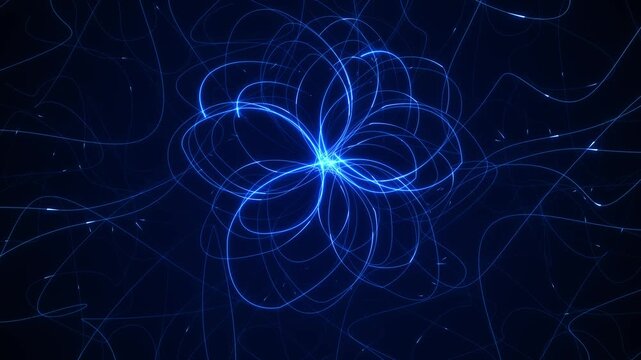 Blue atom orbit background glowing looped lines, particle trails, science space. physics explainers, molecule energy concepts, technology intros, research promos, futuristic motion overlays, education