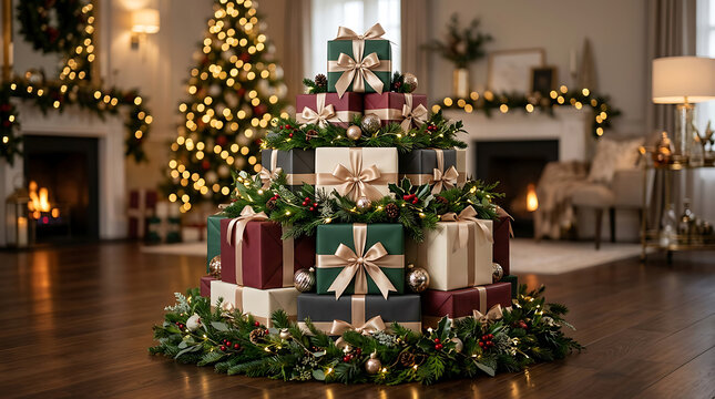 Festive Christmas tree with wrapped gifts in a cozy living room. Holiday celebration scene with warm lighting and seasonal decor.