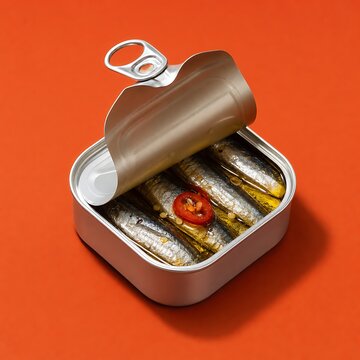 Opened square tin can of sardines in olive oil with red chili slice on orange background, depicting gourmet canned seafood, tinned fish appetizer, and preserved food product.