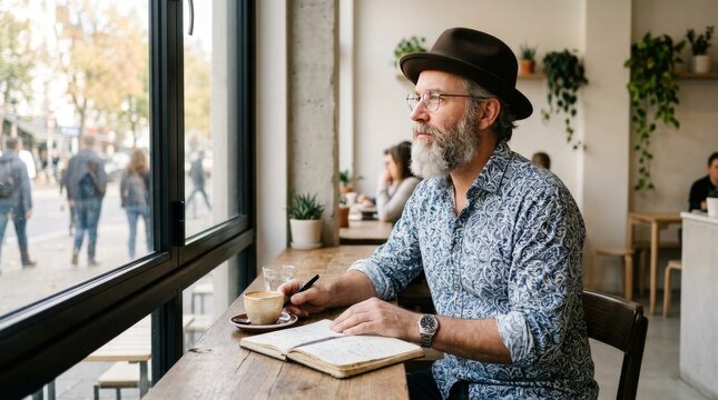 Contemplative man in coffee shop.