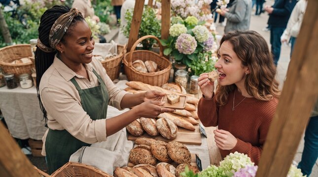 In a bustling market filled with vibrant flowers and lively chatter, a friendly baker hands a fresh pastry to an eager customer who takes a delightful bite.
