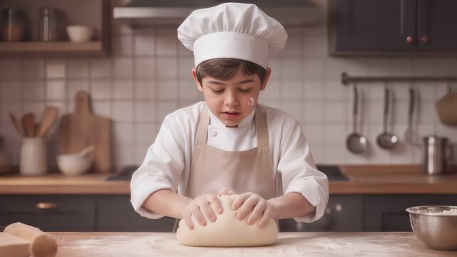 Child chef kneading bread dough on wooden counter in modern kitchen. Little boy in professional uniform practicing baking skills. Lockdown medium shot.