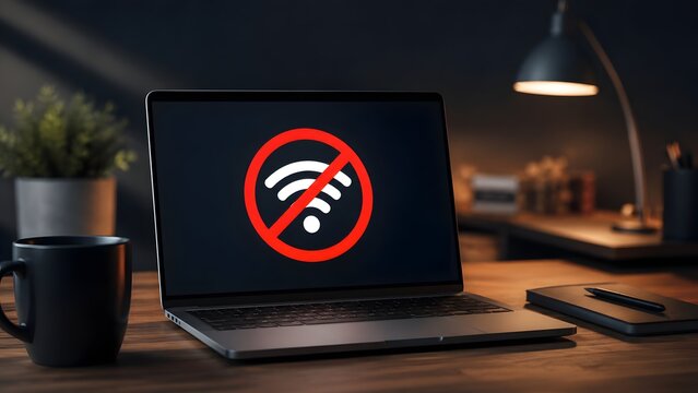 Internet disconnection error concept with laptop displaying red offline wifi symbol on screen in dark office environment