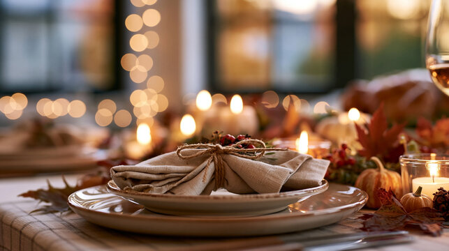 An eye-level close-up stock photography depicting a cozy Thanksgiving concept. A warm, inviting dinner table setup with elegant ceramic plates, linen napkins tied with twine, and f