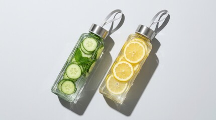 Obraz premium Tasty Water drink detox in bottles on white table, hard shadow at sunlight. Self care, wellness, diet, healthy living concept. Glass reusable water bottle, eco friendly still life minimal aesthetics