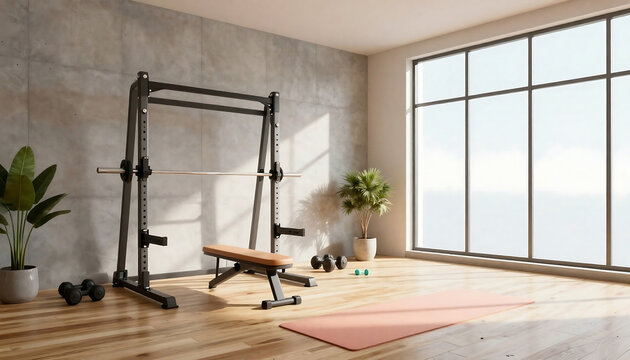 Home gym setup with smith machine and large windows for natural light