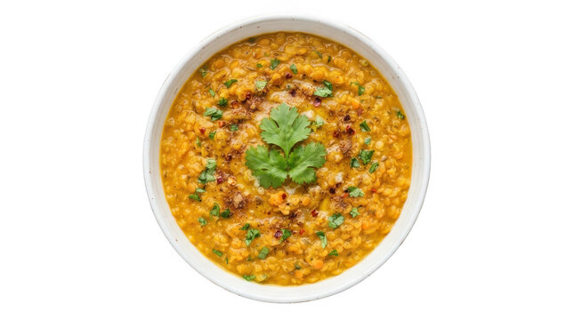 Bowl of red lentil dal or soup garnished with fresh cilantro and spices isolated on transparent background