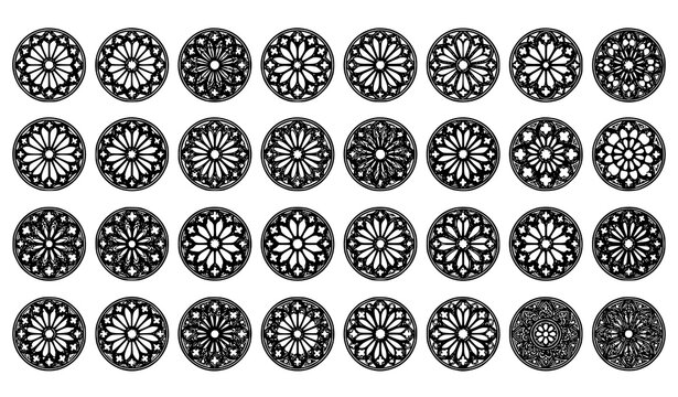 Ornate Gothic Rose Window Pattern Collection with Geometric Cathedral Tracery Vector Designs