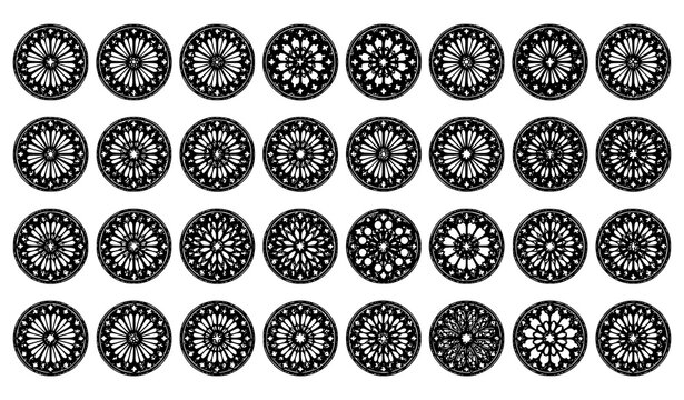 Gothic Architecture Rose Window Vector Collection with Ornate Geometric Cathedral Patterns and Decorative Frames