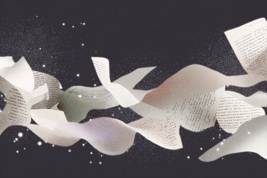 Floating book pages whispering across a dark backdrop with tiny illuminated sparks for literary background and creative banner design