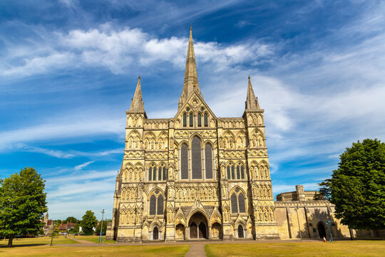 Salisbury Cathedral with Soaring Gothic Spire in Salisbury, Wiltshire, England, UK