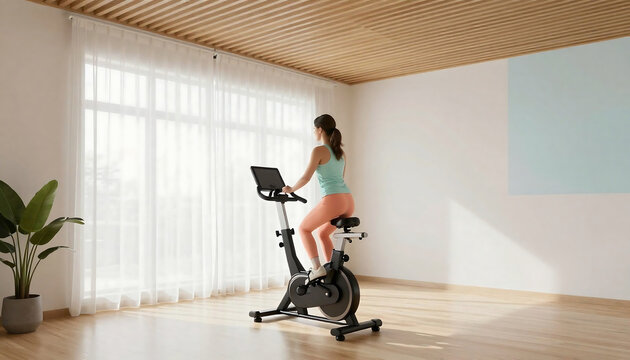 Woman exercising on stationary bike in a bright modern living room setting