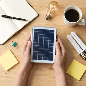 Hands holding a tablet displaying a solar panel pattern on a wooden desk