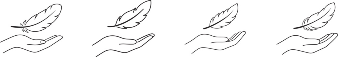 Minimal feather over palm contour icon set symbolizing softness, gentleness, comfort, and delicate care. ©  Md Samsul 