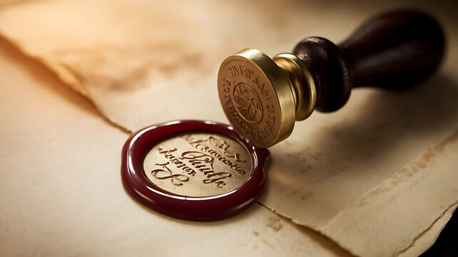 Antique wax seal and handle on aged parchment paper historical document