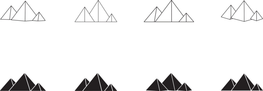 Pyramid icon set for Egypt travel, ancient history, archaeology, landmarks, and desert vector design.