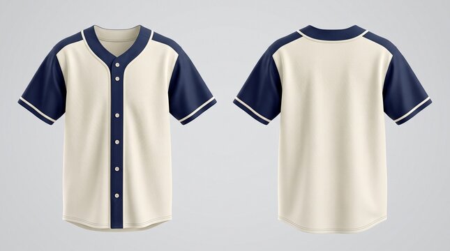 Vintage cream and navy baseball jersey mockup front and back view isolated on light gray background