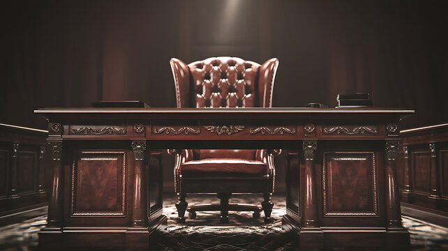 Dramatic lighting highlights a luxurious leather executive office chair and desk setup