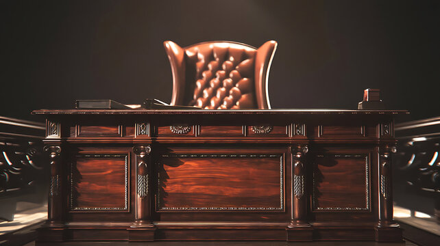 An ornate high backed chair illuminated in a dimly lit grand hall setting