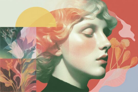 Collage portrait of woman profile with botanical overlays and sun motifs for wellness poster and meditation background