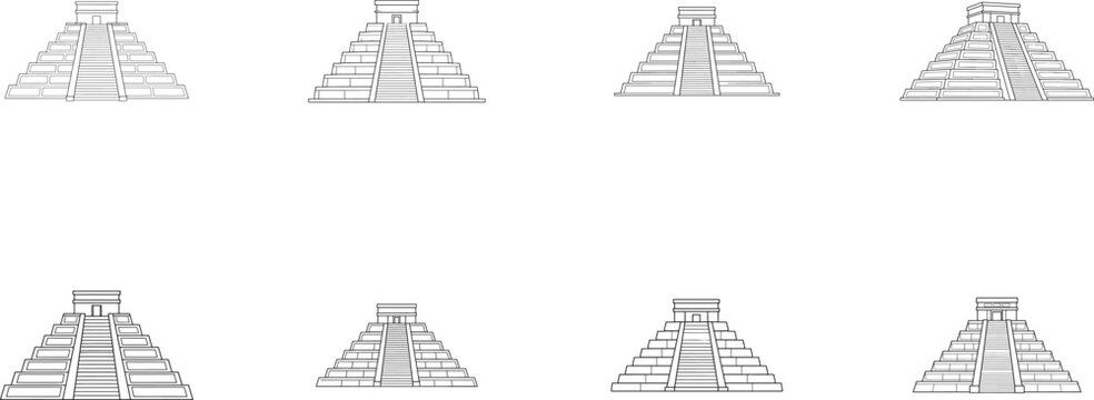 Chichen Itza pyramid icon set for Mexico travel, Maya history, archaeology, tourism, and vector design.
