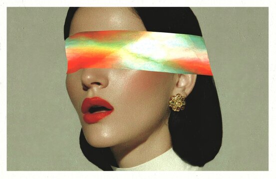 Surreal portrait collage of a woman with eyes covered by neon smoke ribbon and bold red lips for edgy poster and editorial design