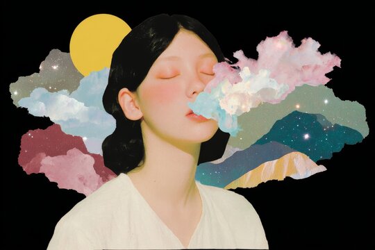 Surreal portrait of woman exhaling pastel neon smoke collage with moon and mountains for poster background and dreamy design