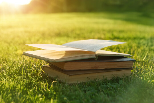 old books close up in green grass on lawn, sunny natural abstract background. leisure time for reading. knowledge concept. World Book and Copyright Day, 23 April. template for design. copy space