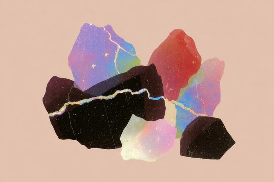 Iridescent mineral fragment collage with polished marble texture on beige background for abstract composition and surface design
