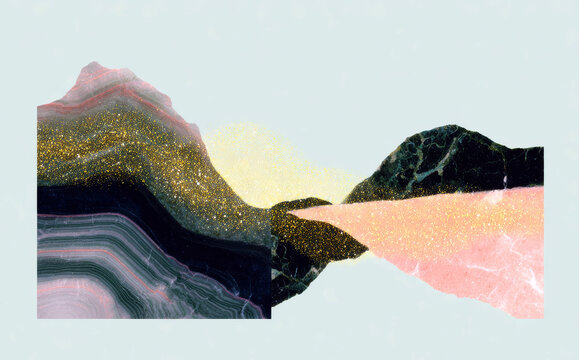 Polished marble fragment collage with gold glitter and pastel bands for background wallpaper and surface pattern design