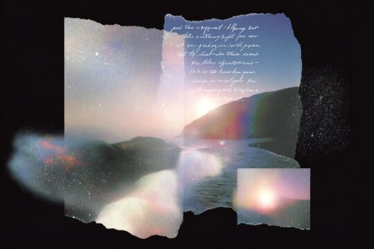 Dreamy collage diary page background with torn paper, handwritten script and pastel seascape for poster and wallpaper design