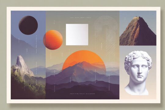 Surreal mountain collage with classical bust and geometric sun for vision board background and poster design